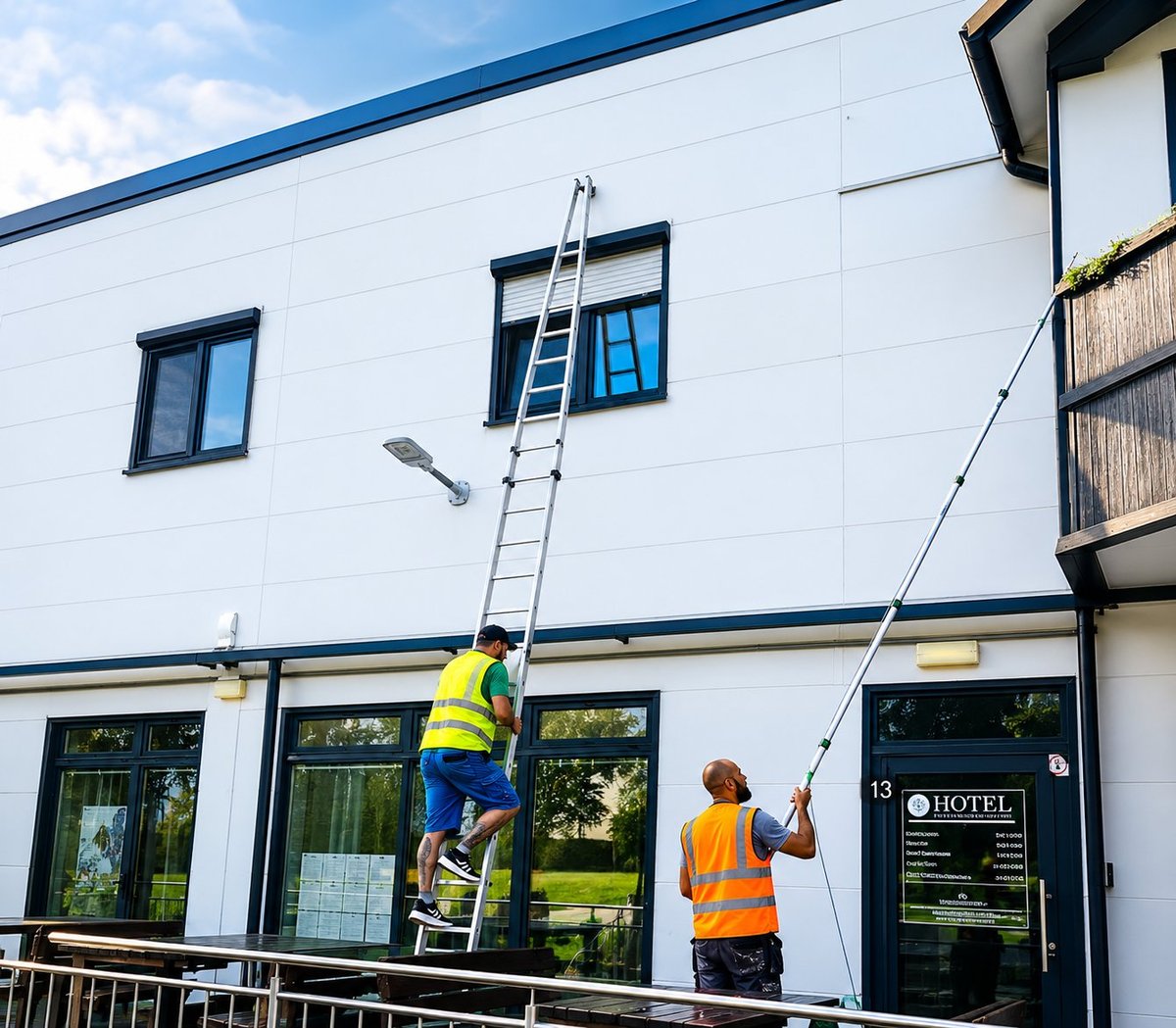Two workers in safety vests maintaining a white building exterior using ladders