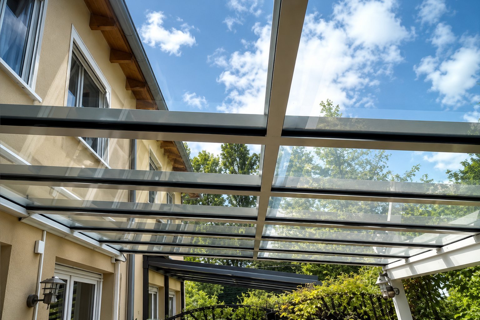 Modern pergola with transparent panels attached to tan house, providing shade over patio area with blue sky visible above