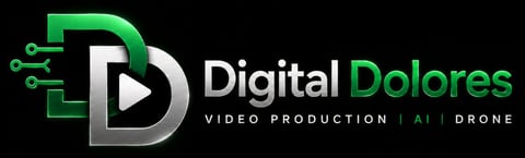 Digital Dolores logo featuring a play button icon with circuit lines and green accents, text reads Digital Dolores - Video Production, AI, Drone services