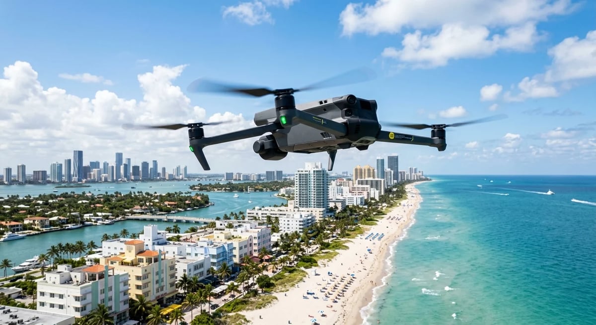 Drone flying over Miami Beach with turquoise ocean, sandy shore, and city skyline in background