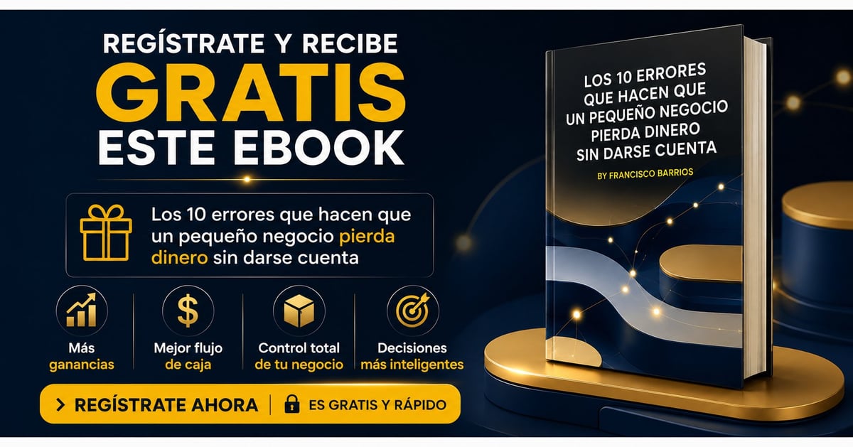 Spanish promotional banner for free eBook about 10 business mistakes, featuring book cover and registration call-to-action buttons