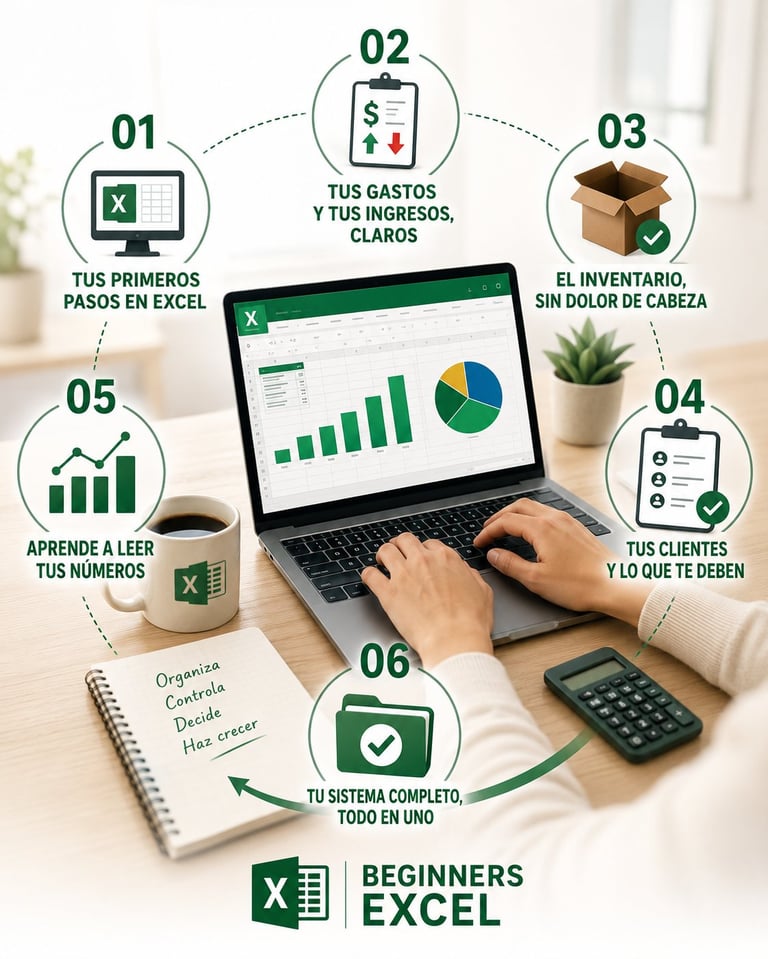 Beginners Excel infographic showing 6 steps: first Excel steps, expenses and income tracking, inventory management, client list, learning numbers, and complete system integration.
