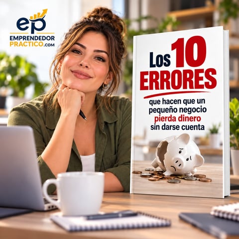 Mujer con laptop junto a taza de café y el libro 'Los 10 Errores que hacen que un pequeño negocio pierda dinero sin darse cuenta', de Emprendedor Práctico