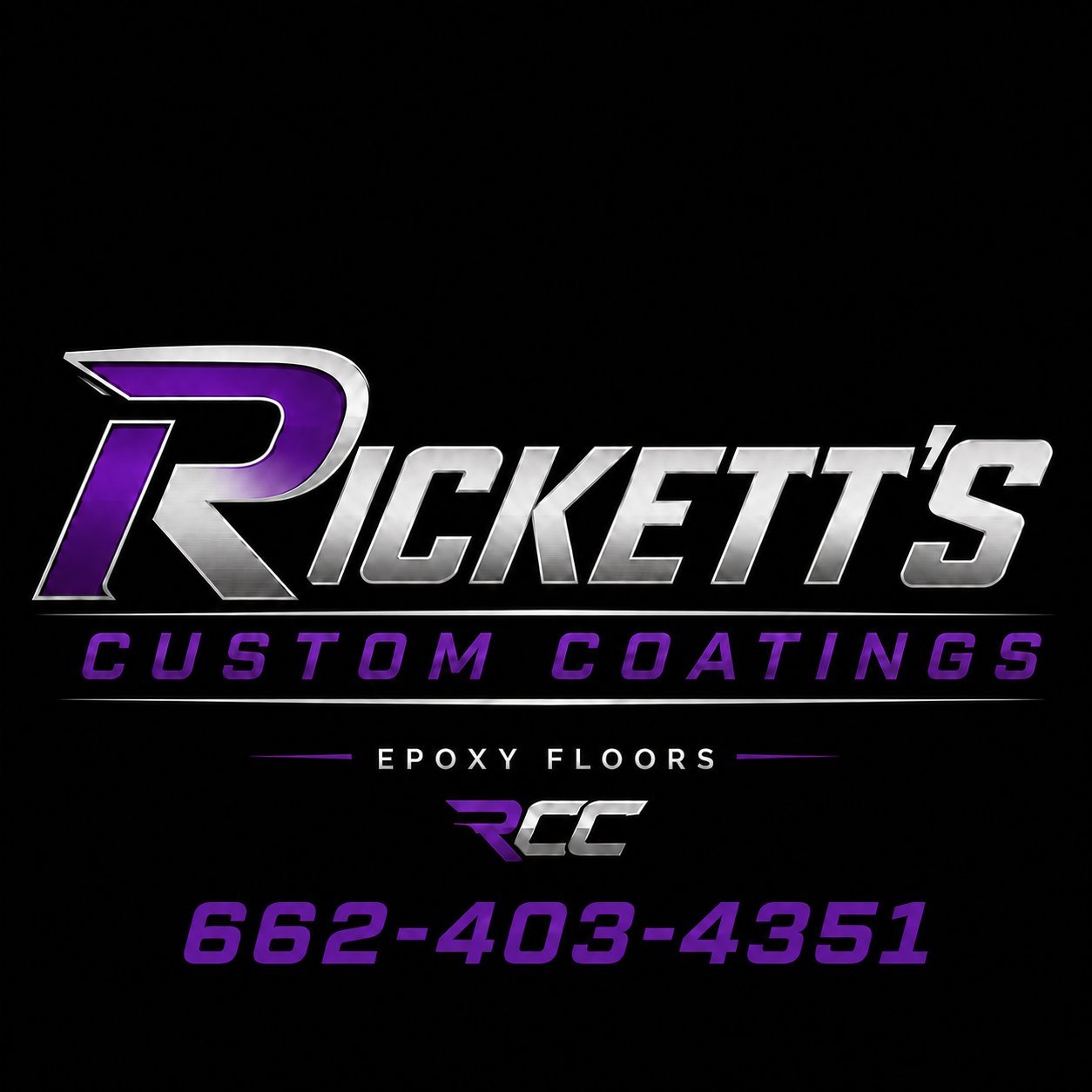 Ricketts Custom Coatings epoxy floors logo with purple and silver design and phone number 662-403-4351