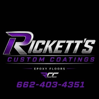 Ricketts Custom Coatings epoxy floors logo with purple and silver design and phone number 662-403-4351