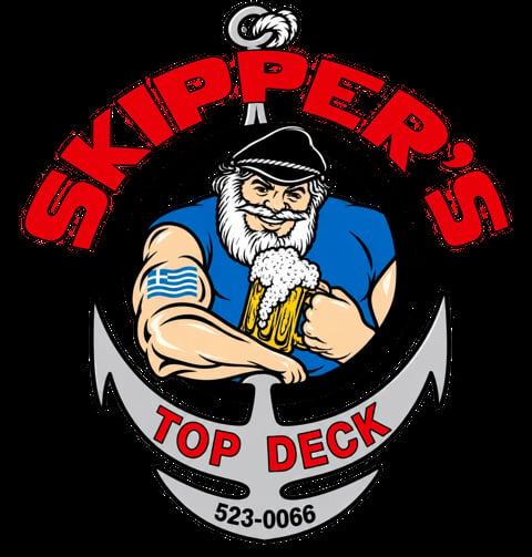 Skippers Top Deck logo featuring bearded sailor in blue shirt holding wine glass with phone number