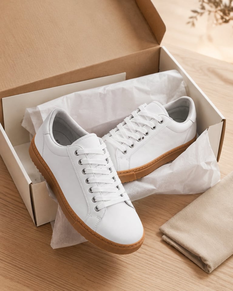 Pair of white leather sneakers with brown soles displayed in an open cardboard box with white tissue paper on a wooden surface