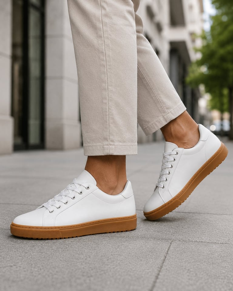 Person wearing white leather sneakers with gum sole and beige pants, standing on urban street
