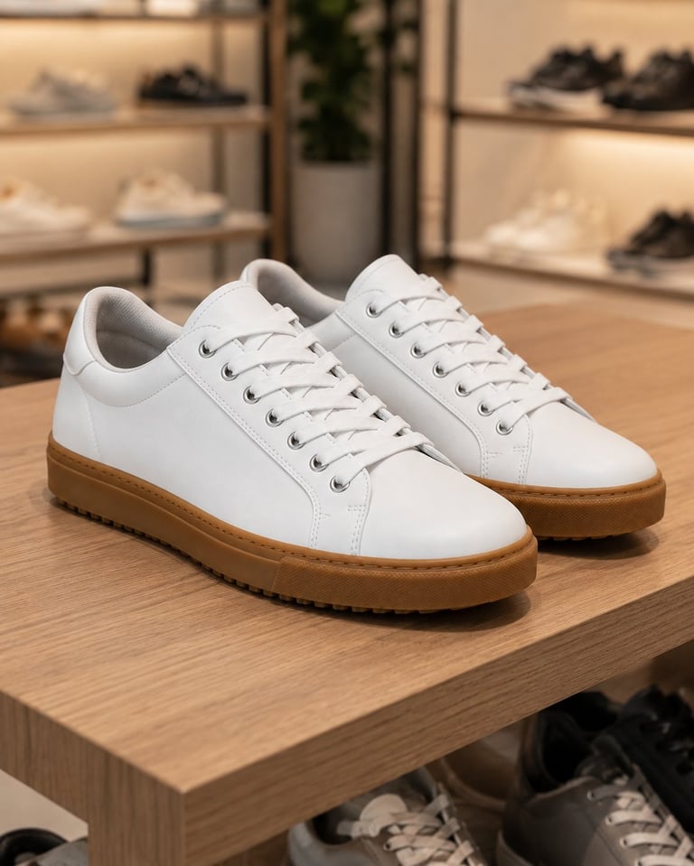 Pair of white leather platform sneakers with gum sole displayed on wooden table in shoe store