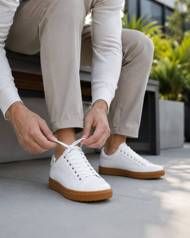 Person tying white leather sneakers with brown sole while wearing light neutral-colored pants