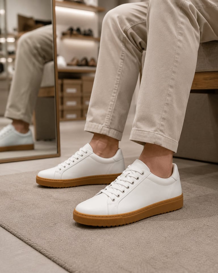 Person wearing white sneakers with gum sole and beige cropped jeans standing in front of a mirror in a modern closet