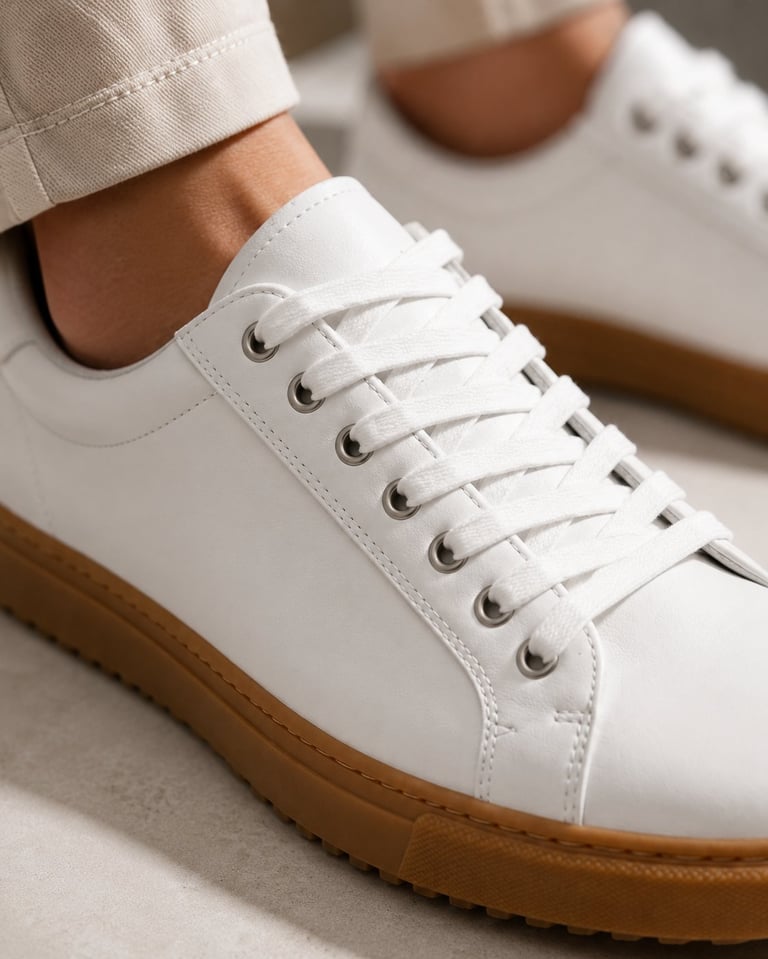 White leather sneaker with gum sole and metal eyelets, worn with cream-colored pants