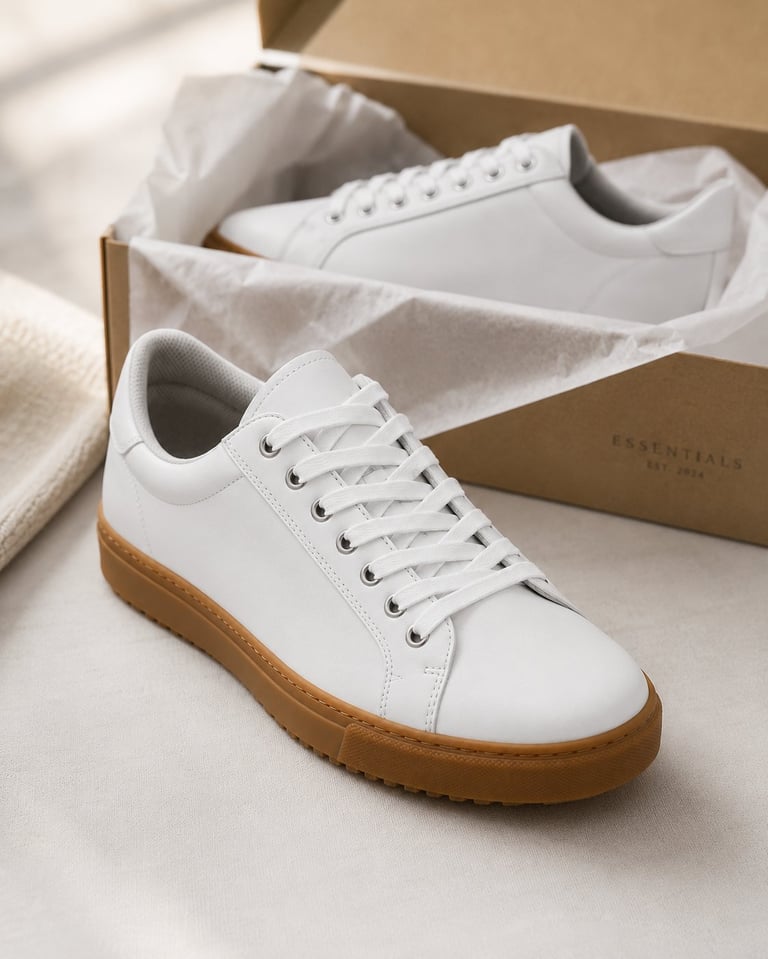 White leather sneakers with gum sole displayed with matching pair in cardboard box