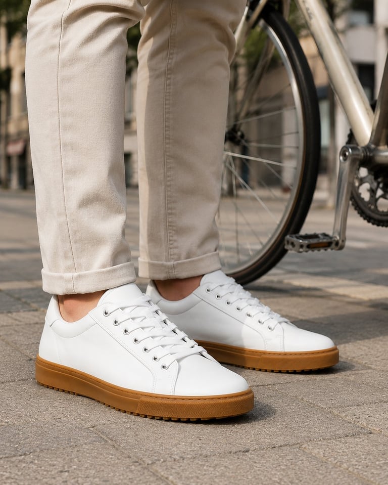 Person wearing white sneakers with gum sole and beige pants standing next to a bicycle