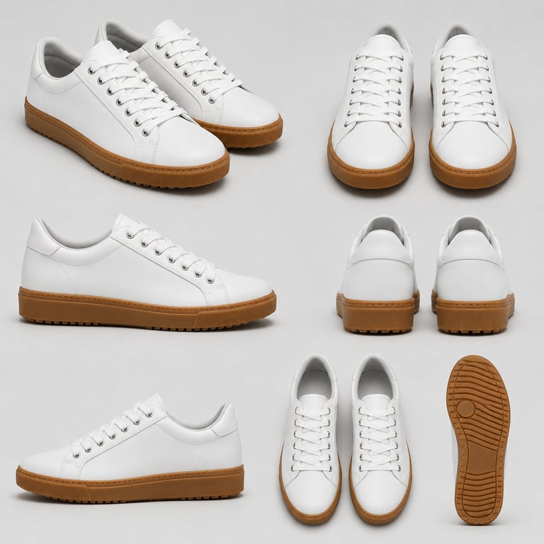 Multiple views of white leather sneakers with tan rubber soles from different angles including side, front, back and bottom perspectives