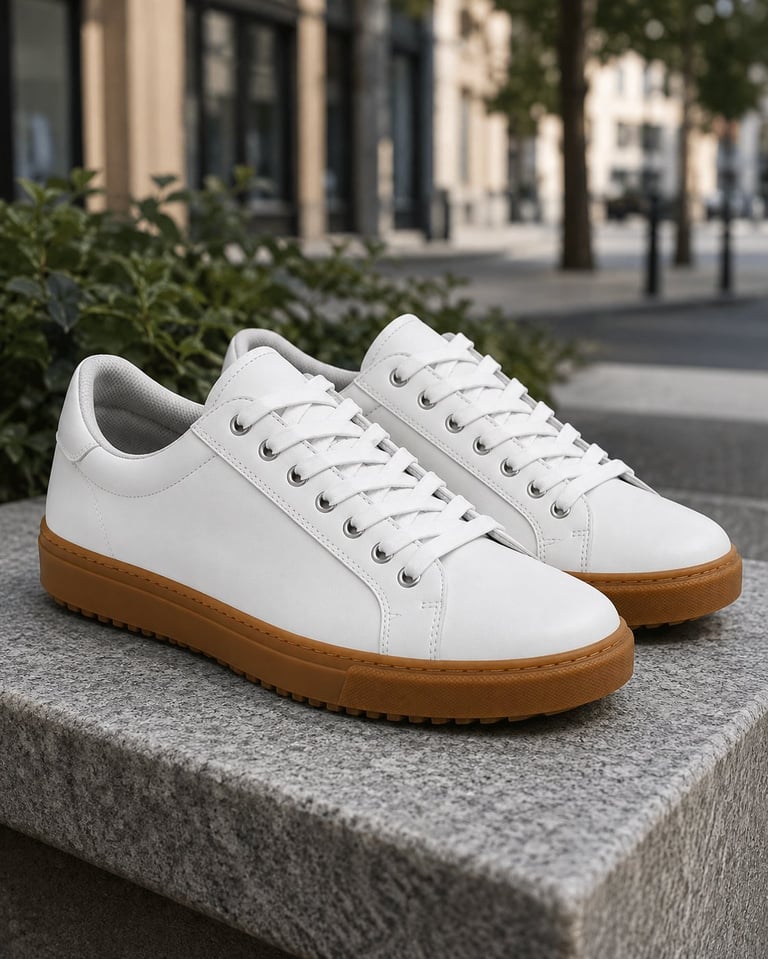 White leather sneakers with gum sole and white laces displayed on a gray concrete platform with urban building background