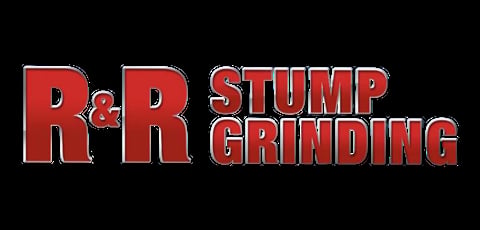 R and R Stump Grinding logo with red and gold text on black background