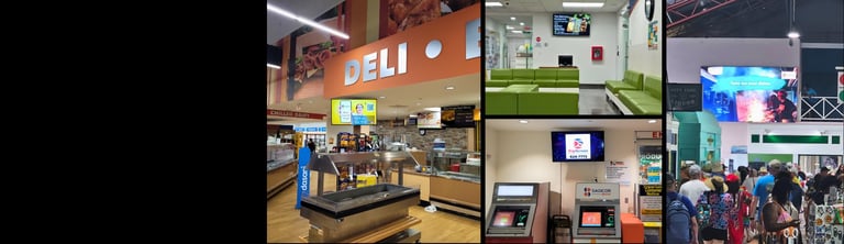 Collage of retail and commercial spaces including a deli counter, outdoor signage, interior displays, and shopping areas