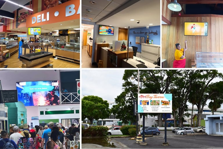 Collage of retail and commercial spaces including a deli counter, office, digital displays, outdoor signage, and storefronts