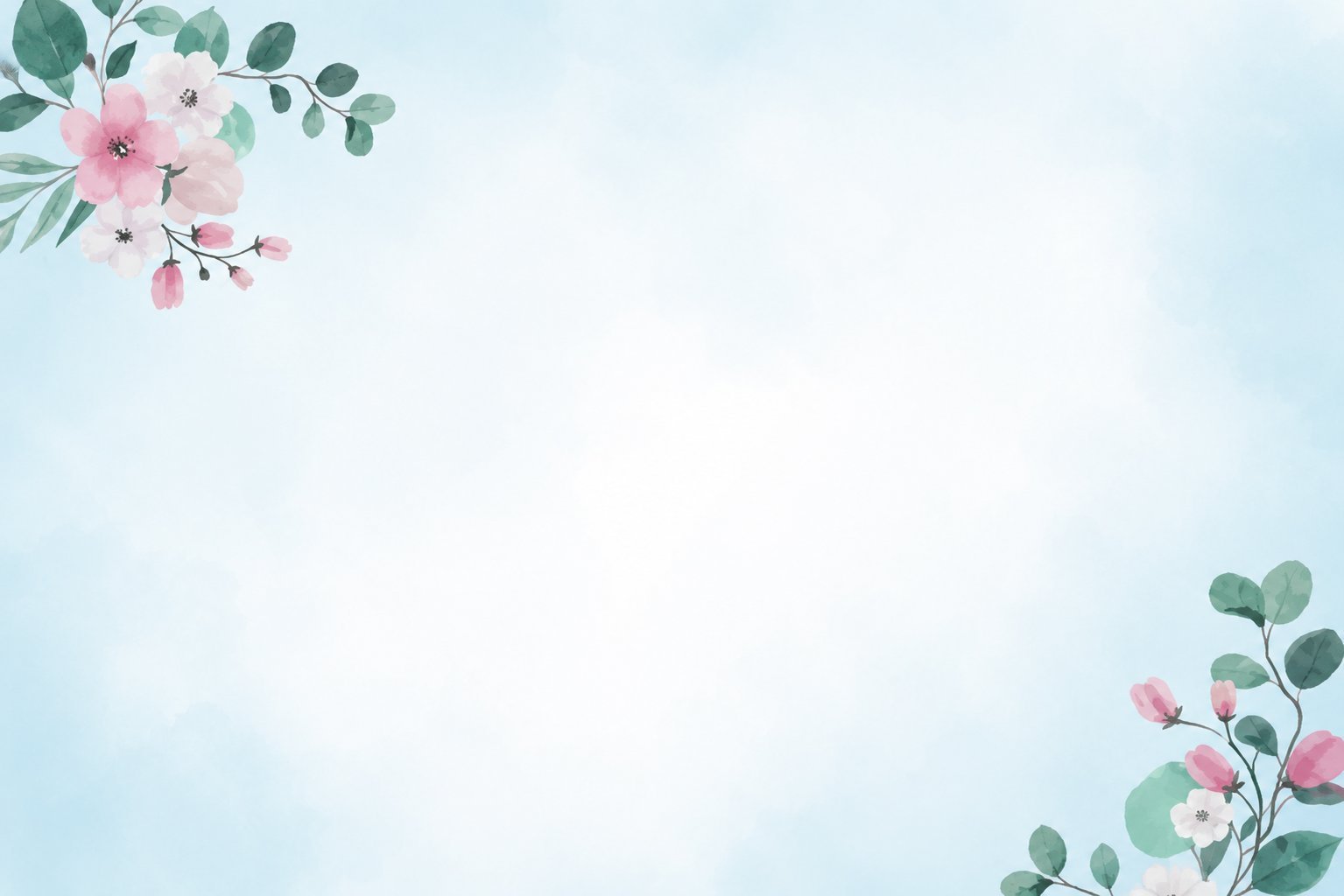 Watercolor floral background with pink flowers and green eucalyptus leaves on light blue gradient