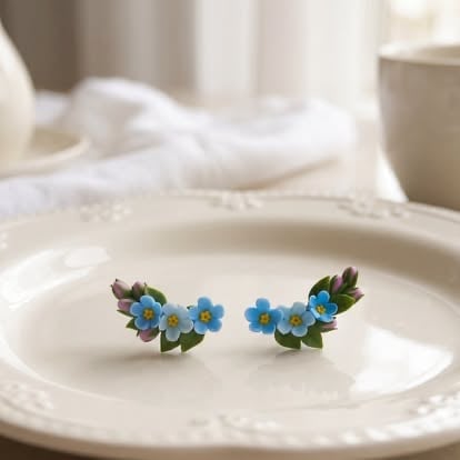 Pair of blue forget-me-not flower earrings resting on a white ceramic plate in a neutral home setting