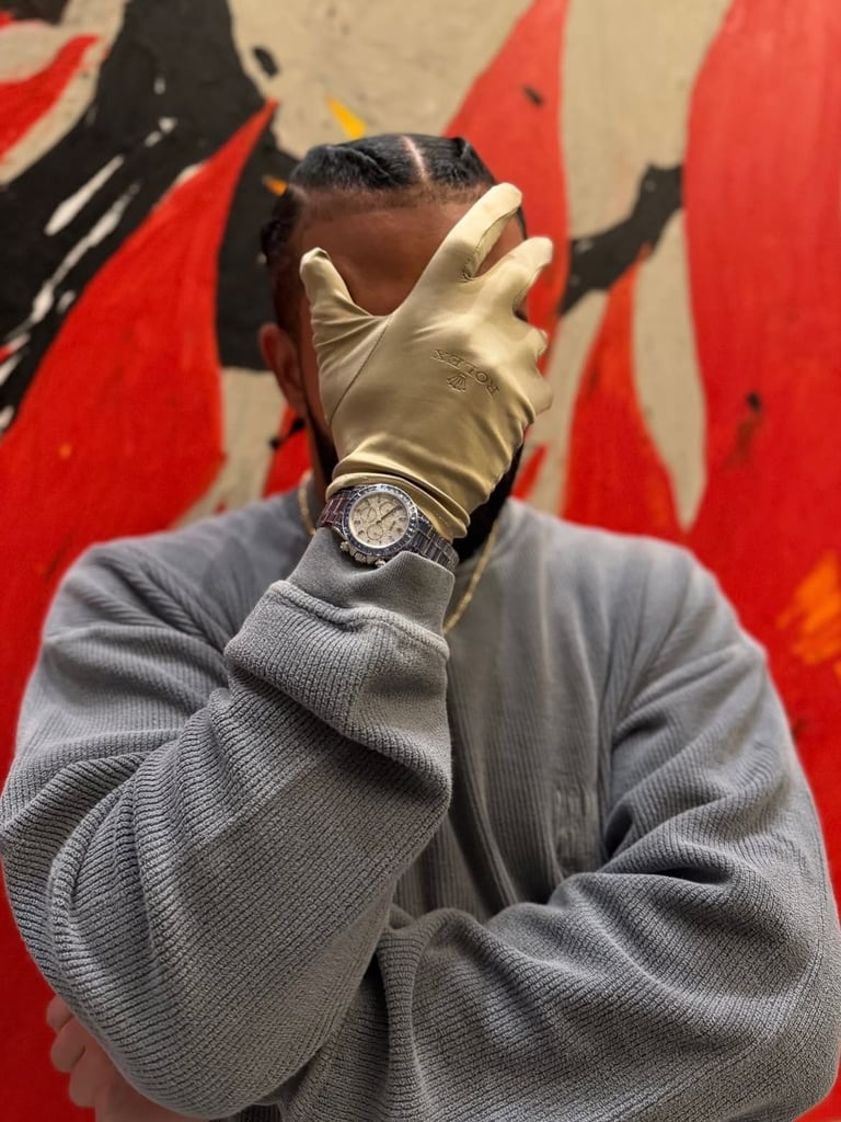 Person wearing cream gloves and grey jacket with watch, posing with hand near face against colorful red and black graffiti wall.