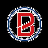 Red letter B logo with blue circular border and white outline on black background