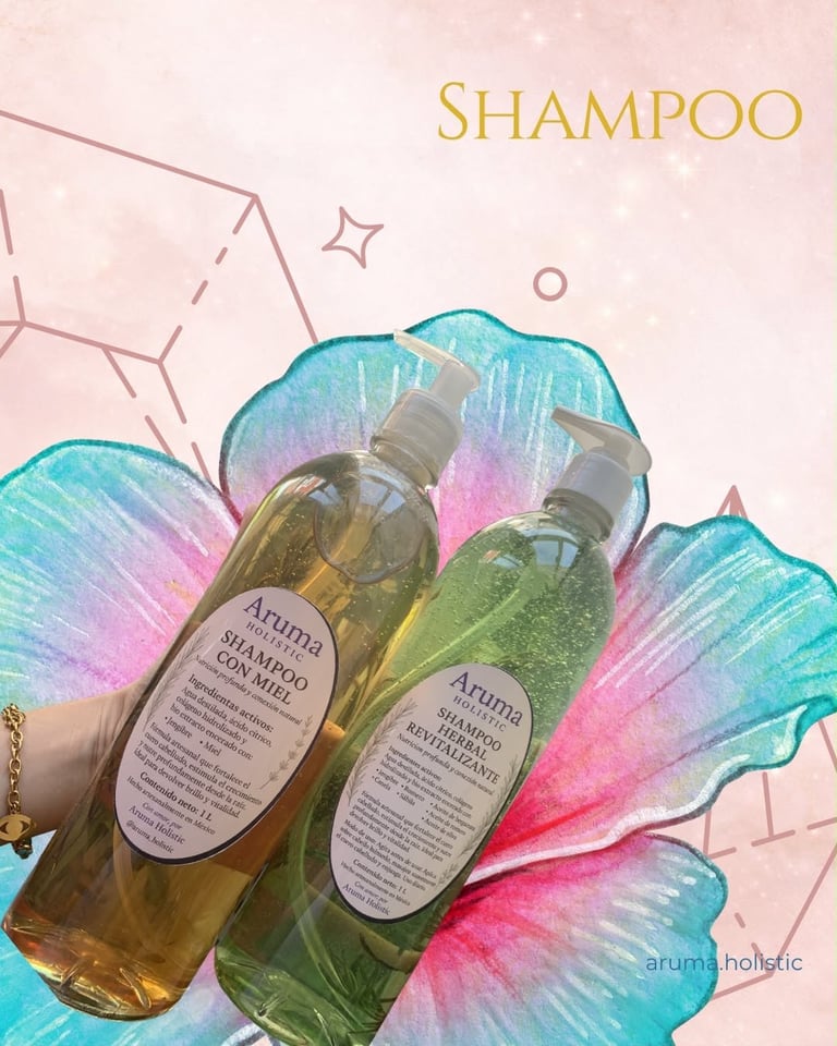 Two Aruma shampoo bottles with golden and green liquid displayed on a colorful watercolor flower design with pink and blue petals
