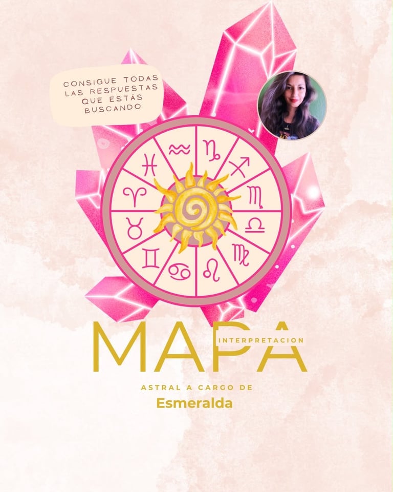 Zodiac wheel astrology card with pink crystals, sun center, zodiac symbols, and profile photo. Spanish text about destiny and Emerald interpretation.