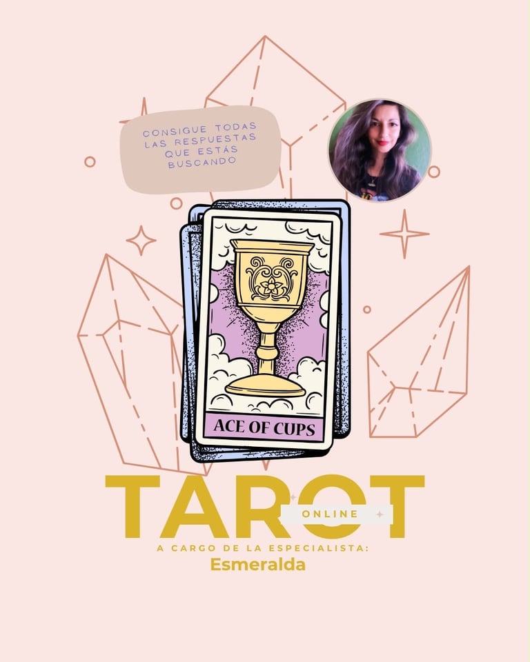 Tarot card reading poster featuring Ace of Cups with geometric crystals and a womans portrait on pink background