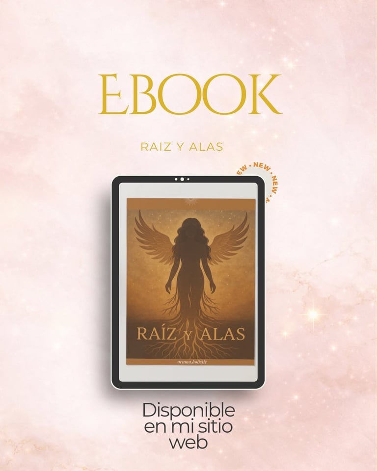 Promotional poster for Raiz y Alas ebook displaying book cover on tablet screen with golden winged figure against pink bokeh background