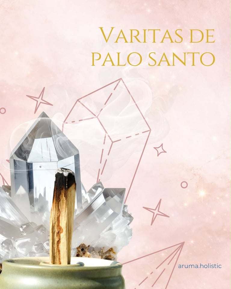 Palo Santo bundle with parchwood on dish surrounded by clear quartz crystal on pink background with gold text reading Varitas de Palo Santo