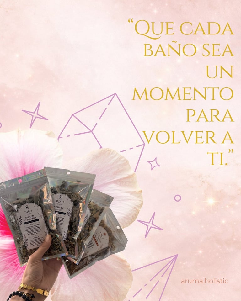 Hand holding bath products with pink feather decoration and Spanish inspirational quote about self-care moments on pastel background