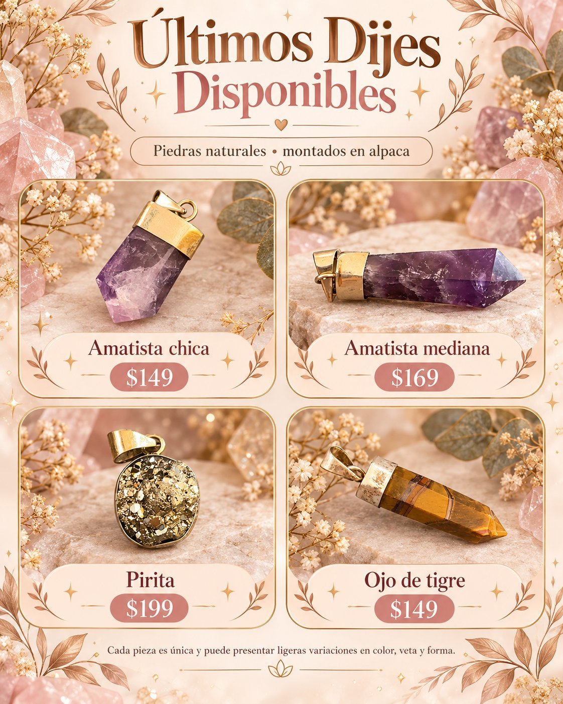 Spanish promotional poster for crystal stone pendants showing four polished gemstone jewelry pieces: Amethyst, Amethyst, Pyrite, and Tigers Eye, each with prices ranging from $149-$199