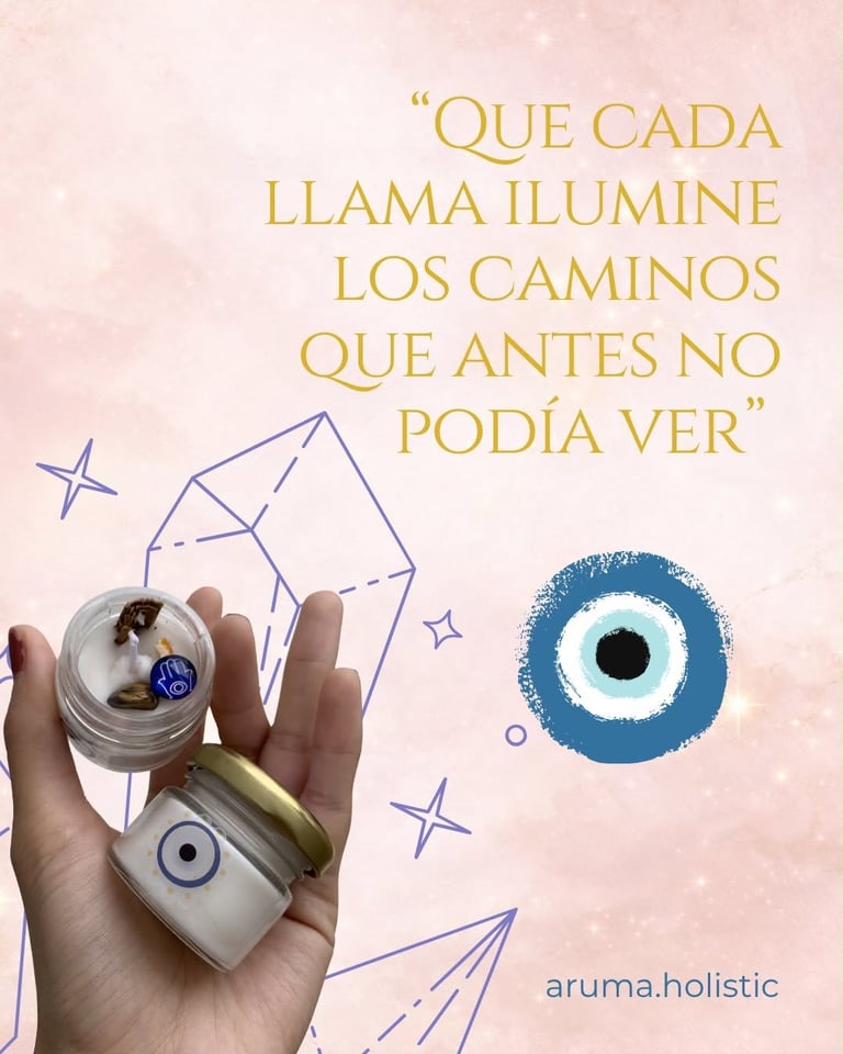 Hand holding two small jars with mystical eye designs on pink background with Spanish inspirational quote and geometric symbols