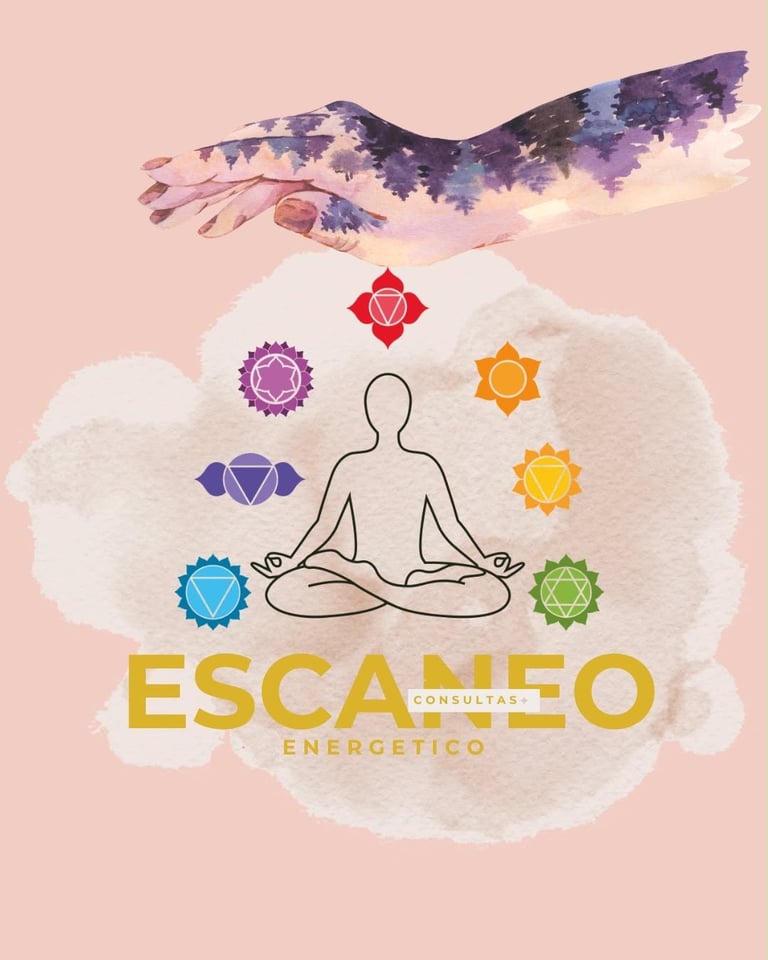 Illustration of a meditating figure surrounded by seven colored chakra symbols with a watercolor butterfly above on a pink background. Text reads Escaffeo Consultas Energetico.