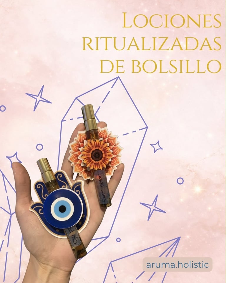 Hand holding tarot cards, an orange flower, and an evil eye charm with geometric blue line design and text reading Lociones Ritualizadas de Bolsillo