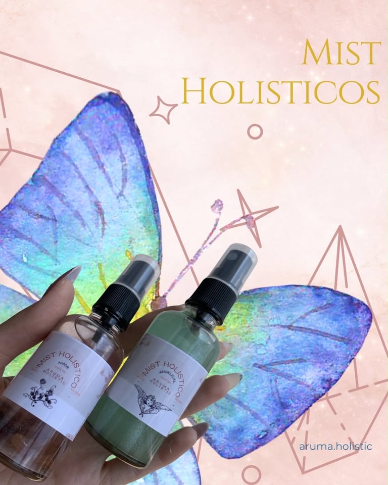 Hand holding two Mist Holisticos spray bottles with iridescent blue butterfly wing decorations on pink background