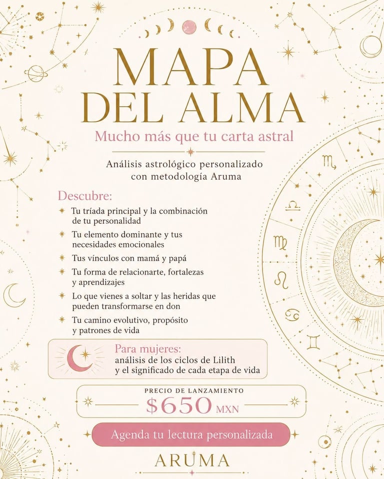 Promotional flyer for Mapa del Alma, a personalized astrological analysis service featuring zodiac wheel design and pricing of 650 MXN
