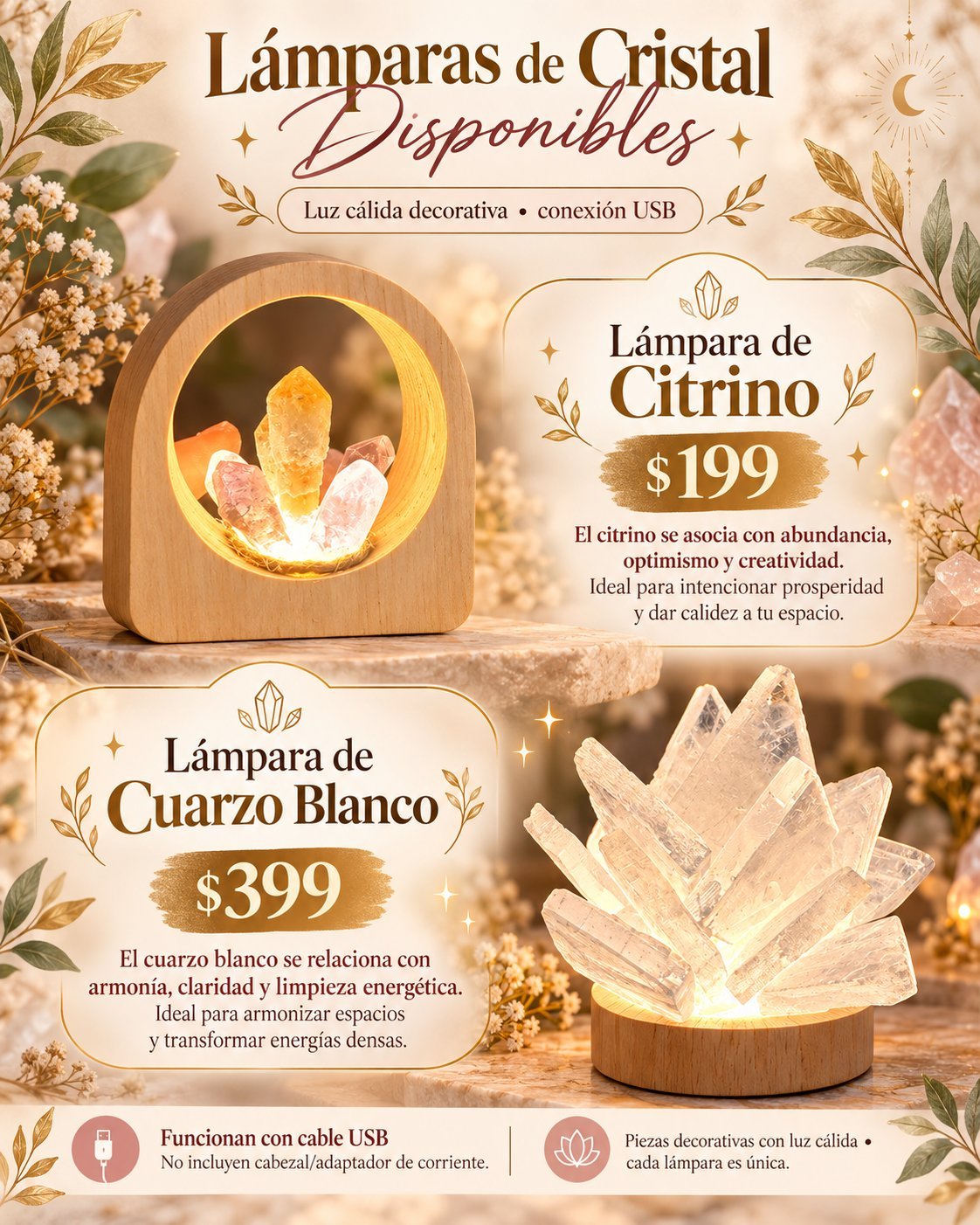 Product advertisement for decorative crystal lamps with USB connection, featuring citrine and white quartz lamps priced at $199 and $399