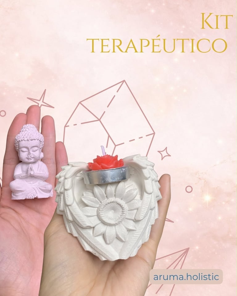 Hands holding therapeutic kit with white crystal bowl, small Buddha figurine, and red candle against pink background with golden text