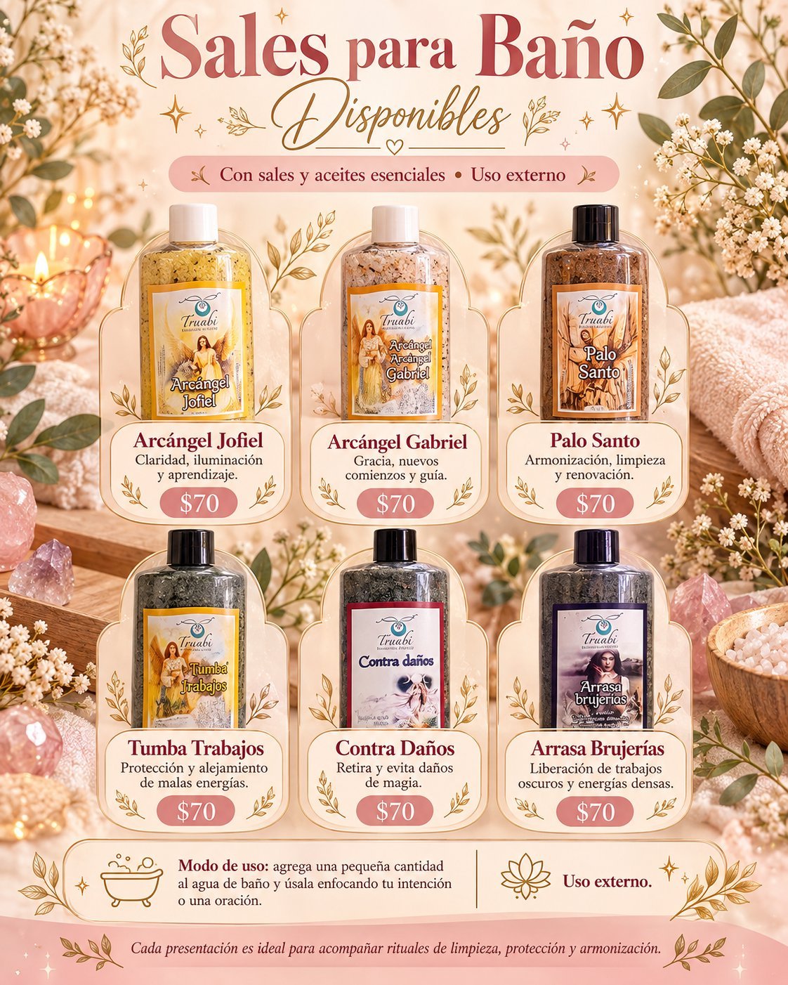 Product display poster for six bath salts (Sales para Baño) with decorative floral background and pricing at $70 each