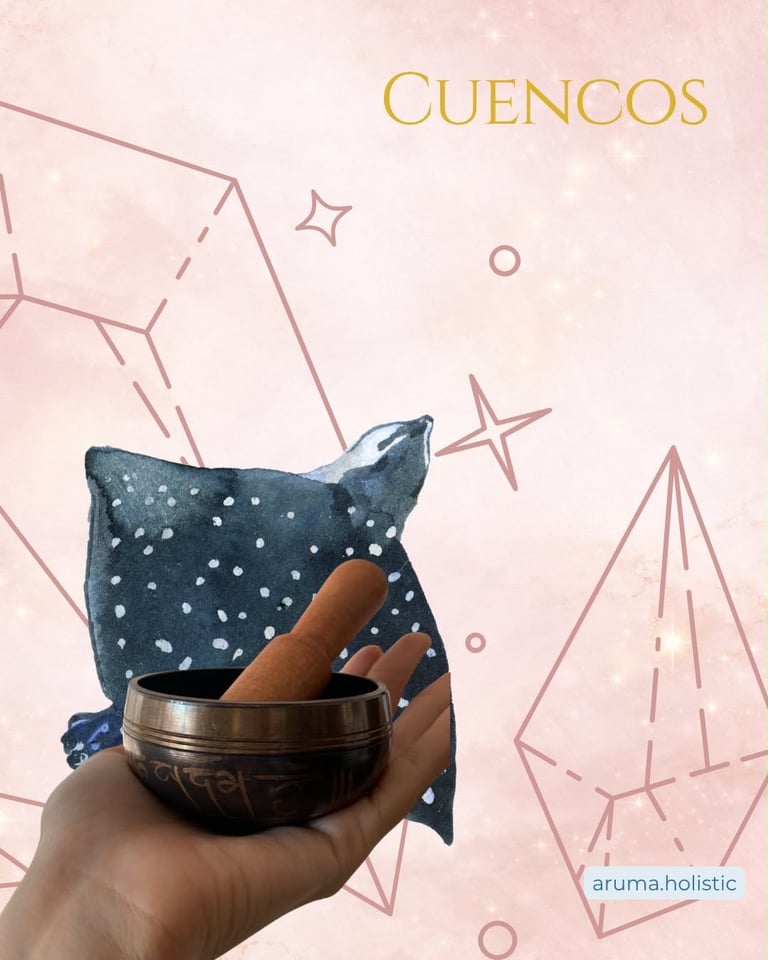 Hand holding a blue singing bowl with wooden mallet against pink background with geometric designs and gold text reading Cuencos