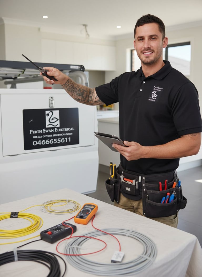 Michael, licensed Perth Swan Electrical electrician, in his branded black polo shirt with tools and tablet in a kitchen fit-out