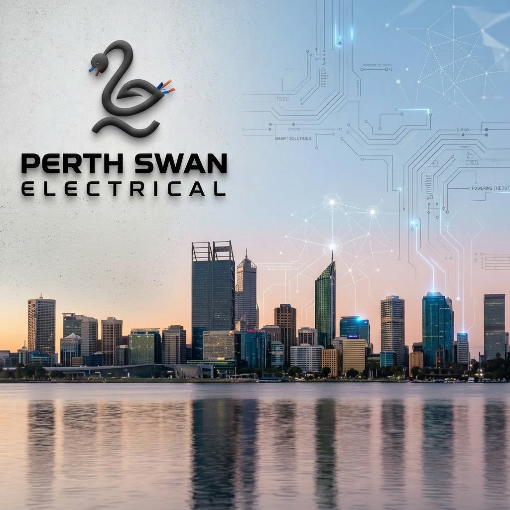 Perth Swan Electrical logo over Perth city skyline reflected in water at sunset