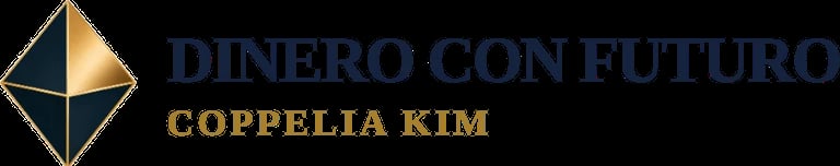 Dinero con Futuro Coppelia Kim logo with geometric diamond shape in gold and dark text