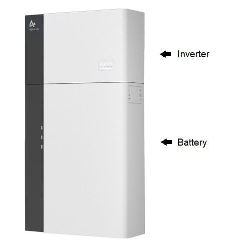 AlphaESS stacked inverter and battery unit with black left panel and white body, labeled with components
