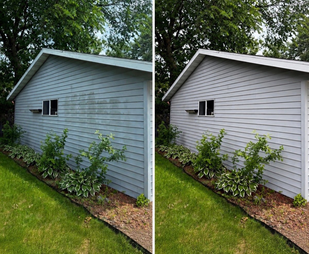 Before and after comparison of a house exterior with siding cleaned on the right side versus dirty on the left