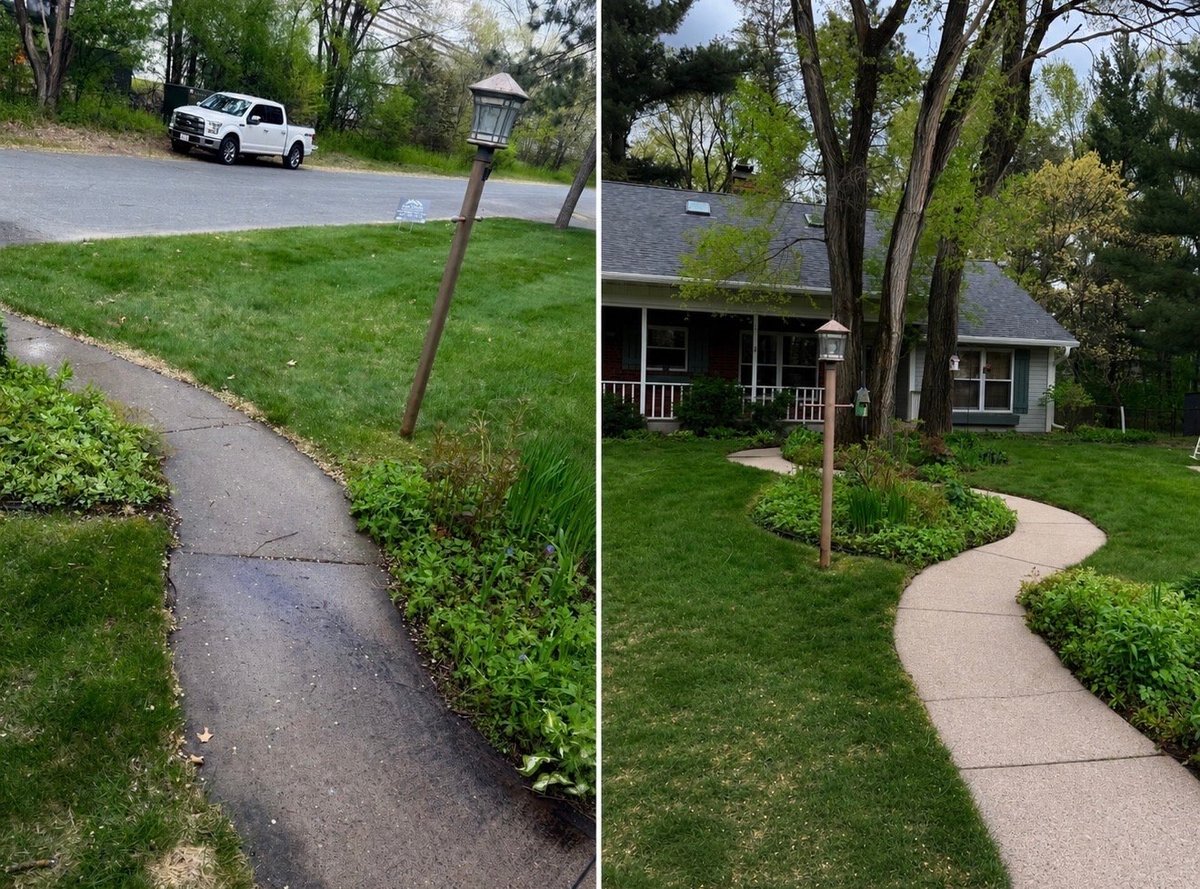 Before and after comparison of a residential property showing a crumbling driveway walkway converted to a new curved concrete path with landscaping improvements