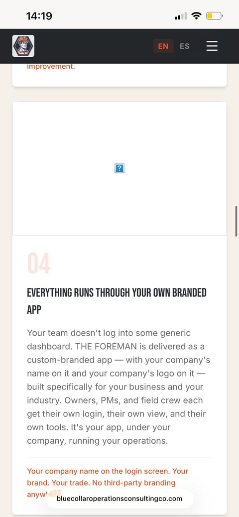 Mobile app screenshot showing section 04 about branded custom app delivery with heading and descriptive text about company branding options